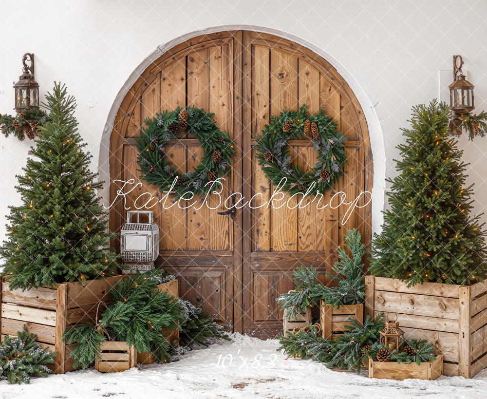 Kate Christmas Wooden Door Pine Trees Crates Fleece Backdrop Designed by Emetselch - Image 3