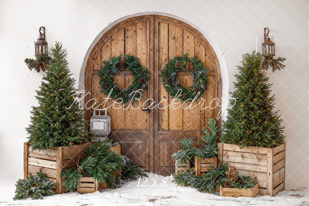 Kate Christmas Wooden Door Pine Trees Crates Fleece Backdrop Designed by Emetselch - Image 4