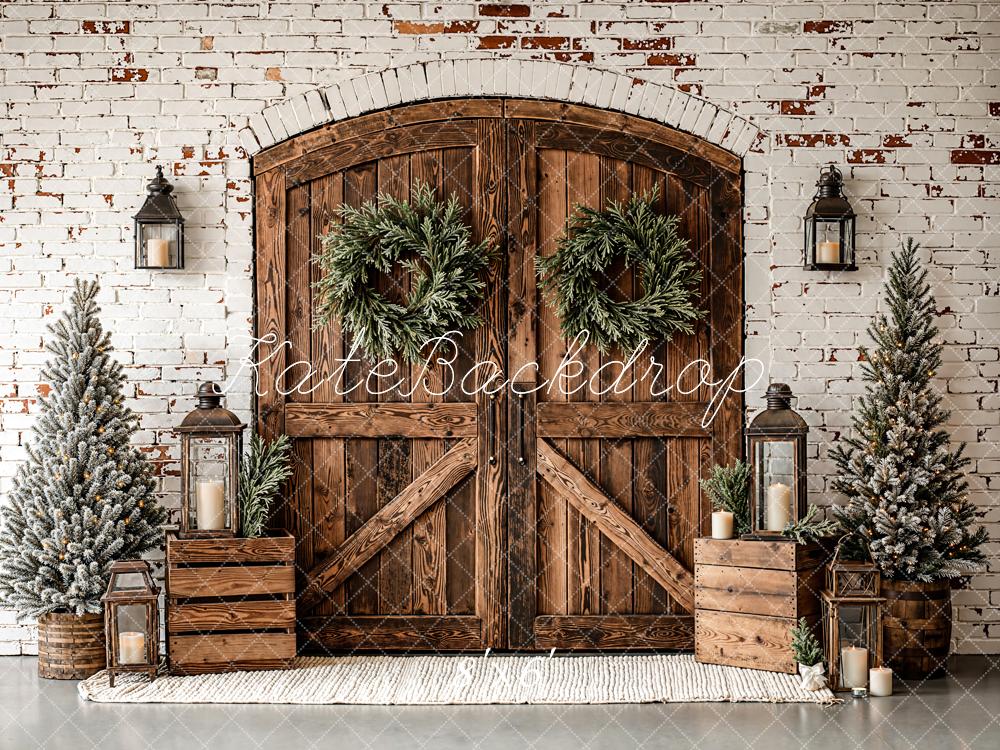 Kate Christmas Wooden Door Trees Fleece Backdrop Designed by Emetselch