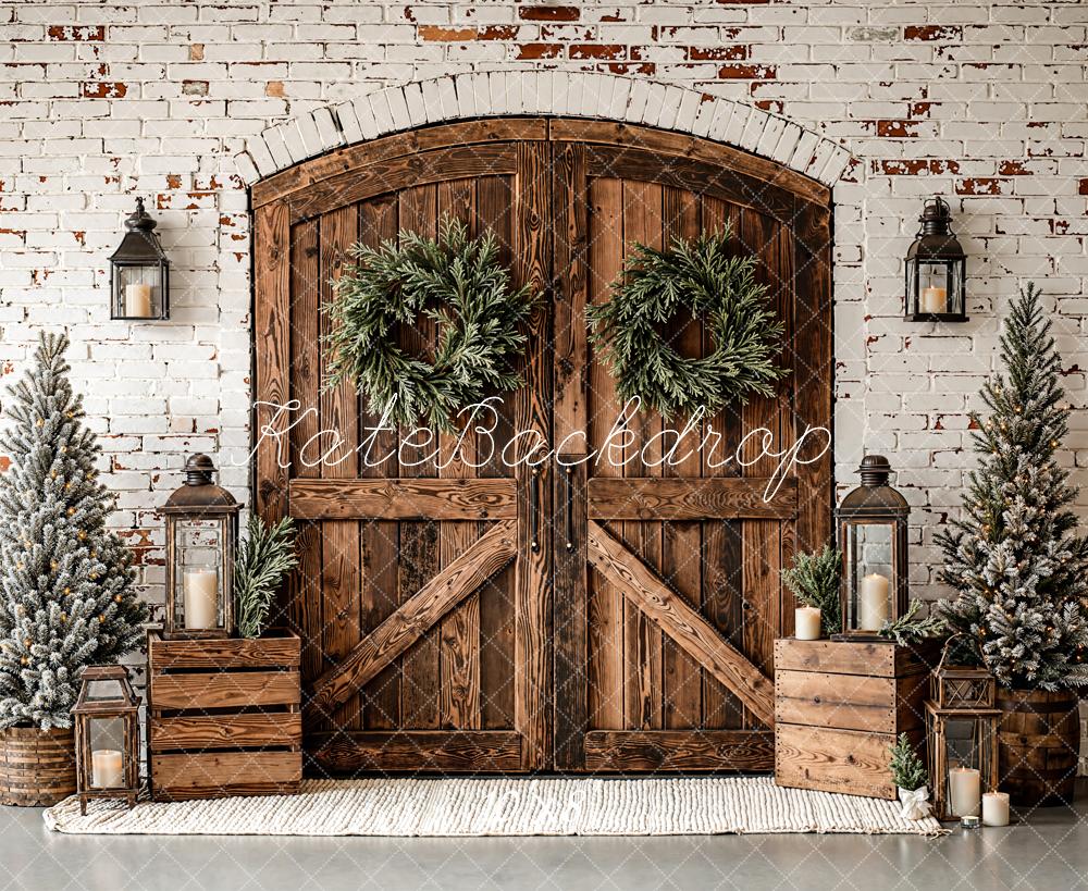 Kate Christmas Wooden Door Trees Fleece Backdrop Designed by Emetselch - Image 3