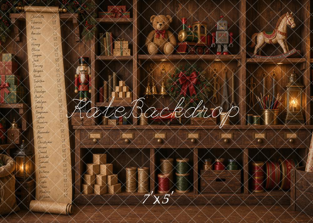 Kate Christmas Workshop Wooden Cabinet Toy List Backdrop Designed by Ashley Ward