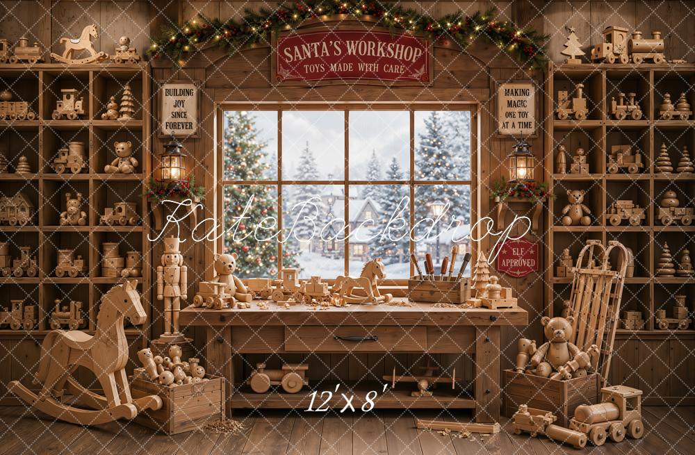 Kate Christmas Workshop Wooden Toys Window Fleece Backdrop Designed by Emetselch - Image 4