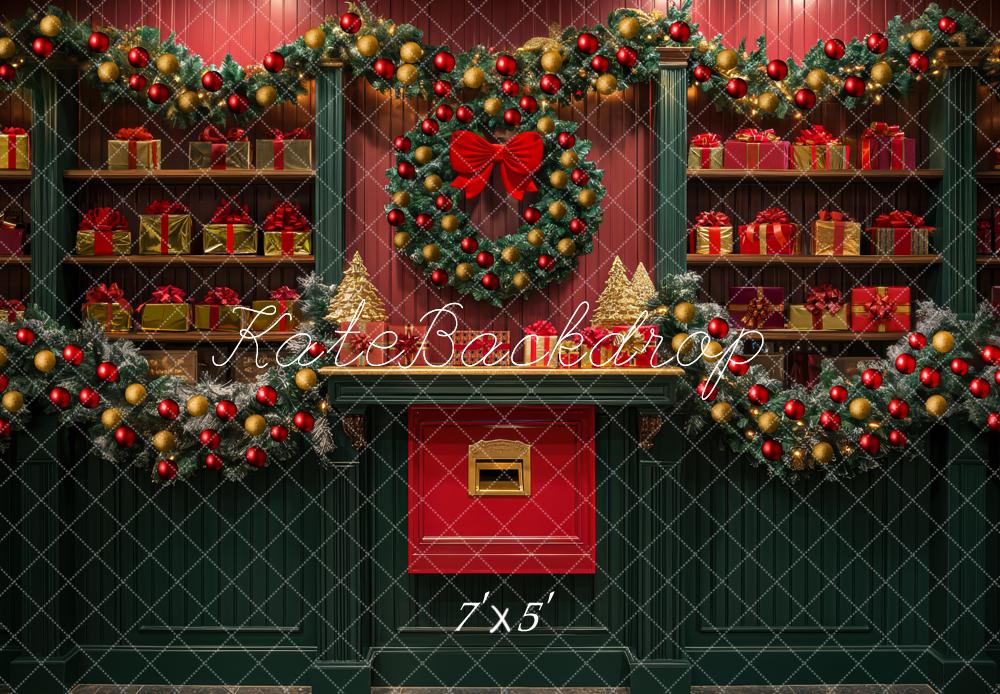 Kate Christmas Wreath Garland Gift Shelves Backdrop Designed by Mini MakeBelieve