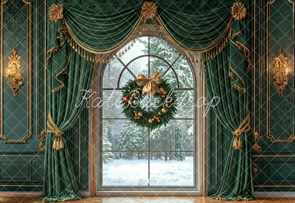 Kate Christmas Wreath Green Curtains Wall Backdrop Designed by Emetselch