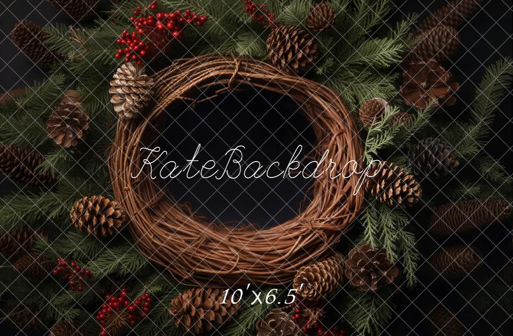 Kate Christmas Wreath Pinecones Fleece Backdrop Designed by Emetselch - Image 2