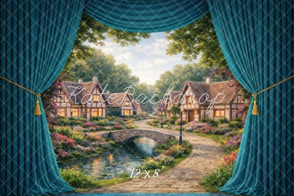 Kate Cottage Village Stone Path Blue Curtains Fleece Backdrop Designed by Vertigo Productions - Image 4