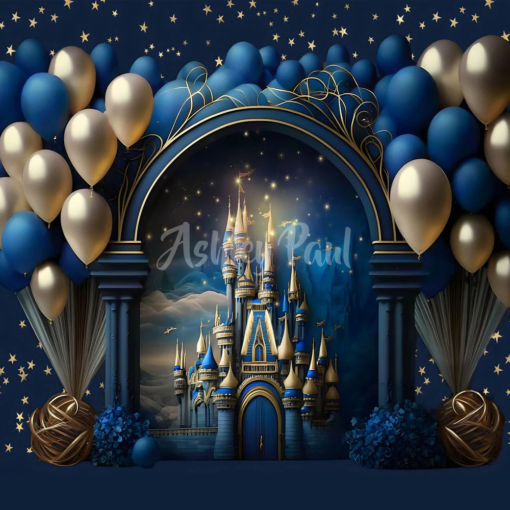 Kate Castle Blue Princess Balloons Cake Smash Backdrop Designed by Ashley Paul - Image 2