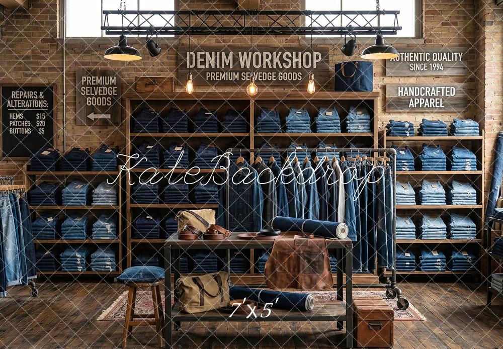 Kate Denim Workshop Shelves Brick Wall Backdrop Designed by Patty Robert