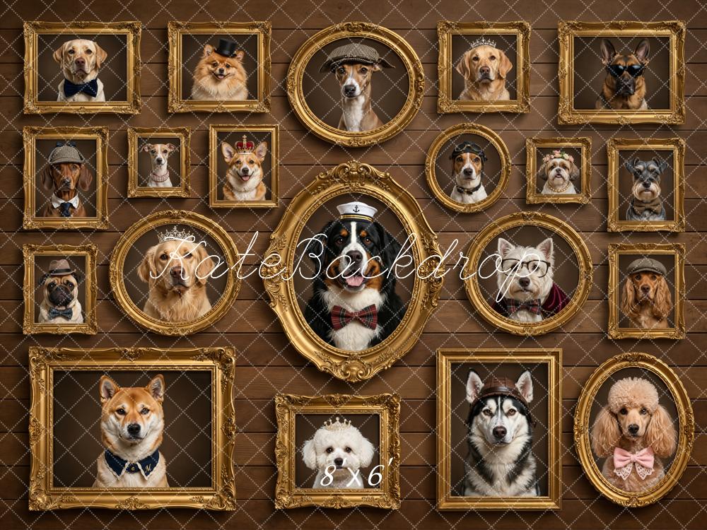 Kate Dog Portraits Gold Frames Brown Wall Fleece Backdrop Designed by Chain Photography