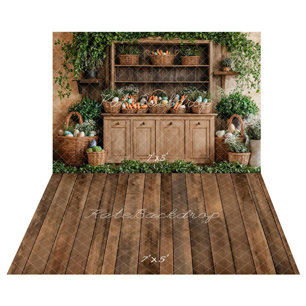 Kate Easter Basket Wood Cabinet Backdrop+Brown Old Wooden Floor Backdrop