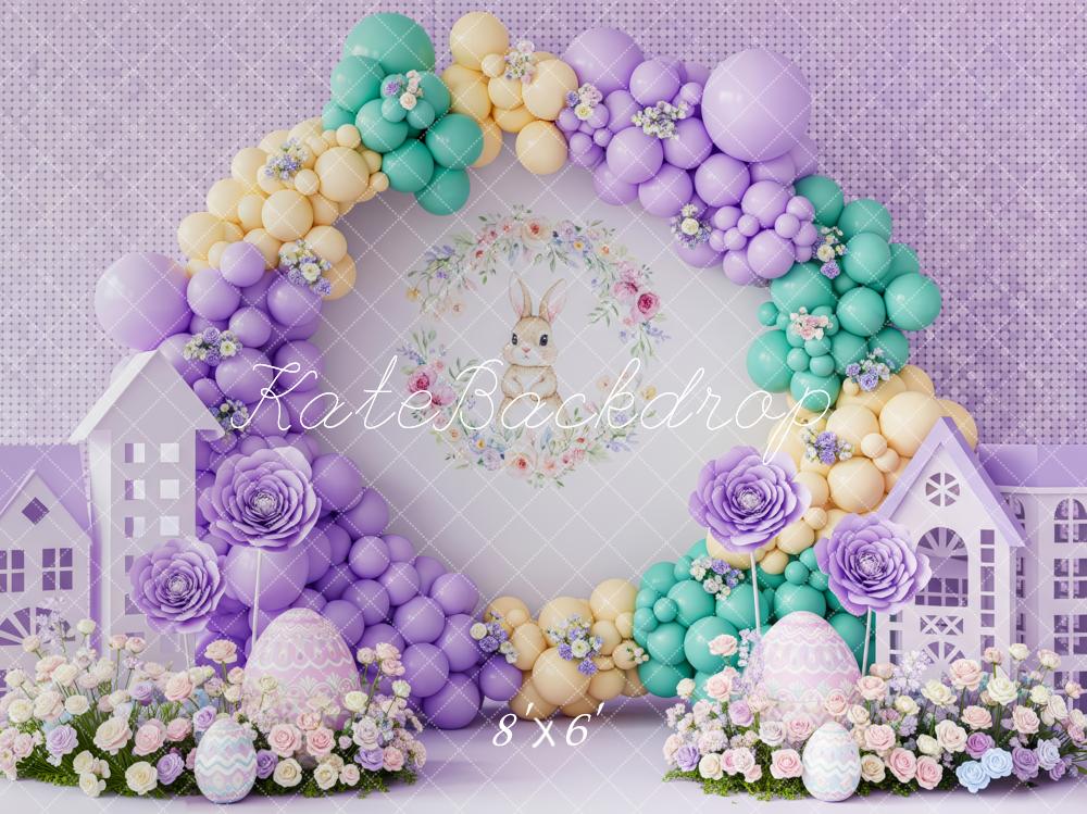 Kate Easter Bunny Balloon Arch Pastel Houses Fleece Backdrop Designed by Patty Robert