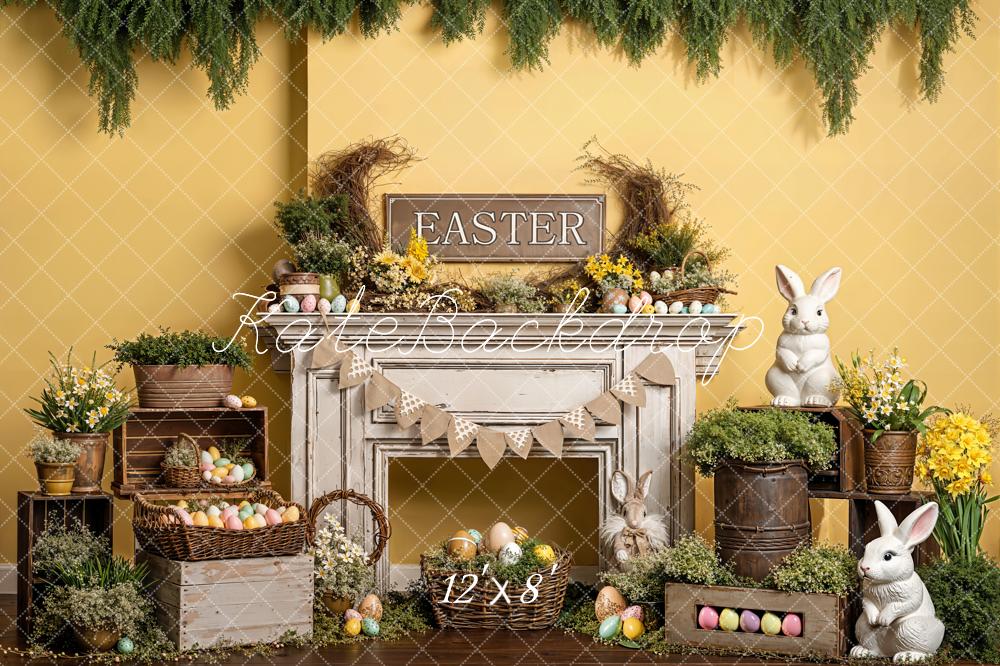 Kate Easter Bunny Eggs Fireplace Yellow Fleece Backdrop Designed by Emetselch - Image 4