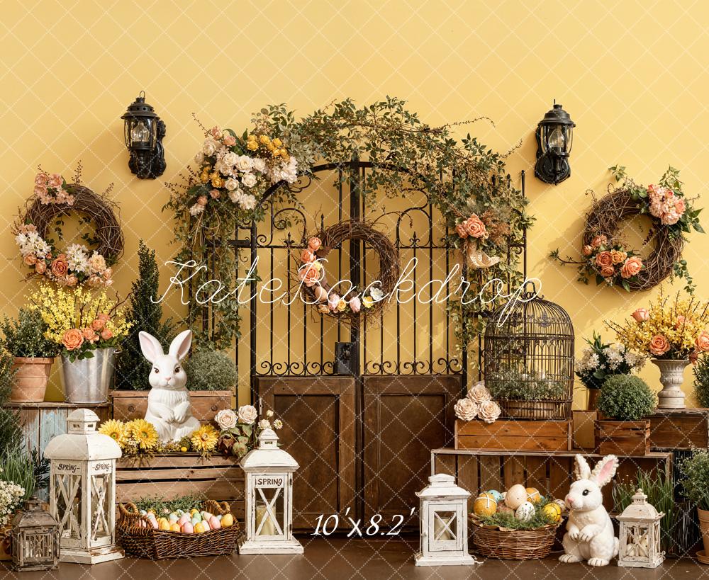 Kate Easter Bunny Floral Gate Lanterns Yellow Backdrop Designed by Emetselch - Image 6