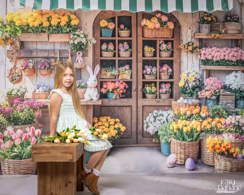 Kate Easter Bunny Flower Shop Backdrop+Gray Textured Light Shadows Floor Backdrop