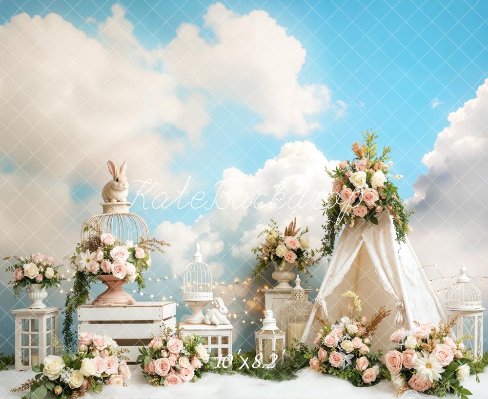 Kate Easter Bunny Floral Tent Clouds Fleece Backdrop Designed by Emetselch - Image 3