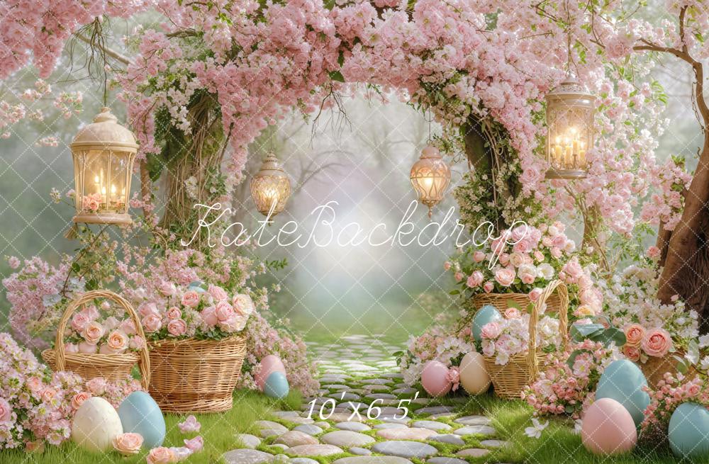 Kate Easter Bunny Pink Floral Arch Lantern Eggs Fleece Backdrop Designed by Emstselch - Image 2