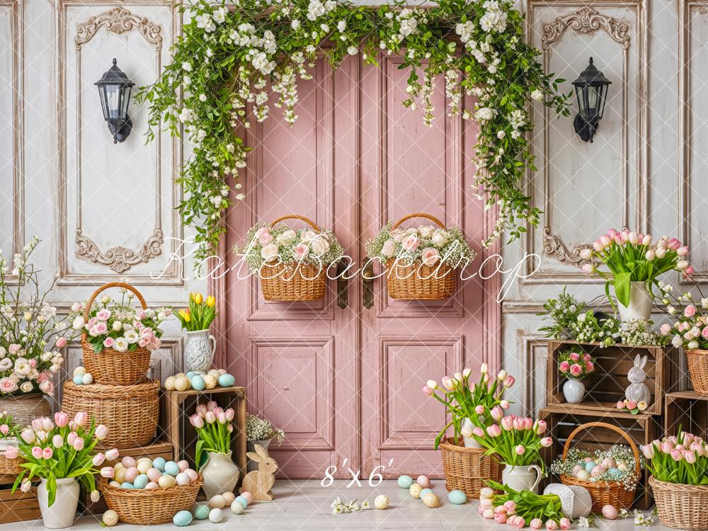 Kate Easter Bunny Pink Door Flower Basket Fleece Backdrop Designed by Patty Robert