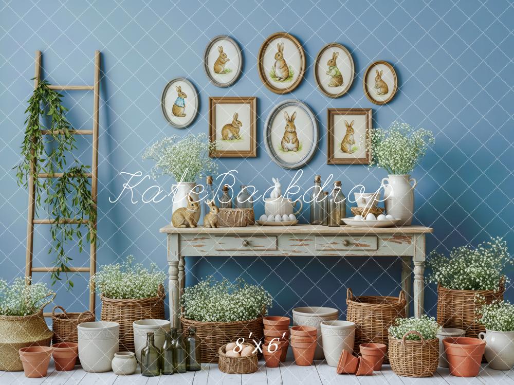 Kate Easter Bunny Pots Baskets Blue Wall Fleece Backdrop Designed by Patty Robert