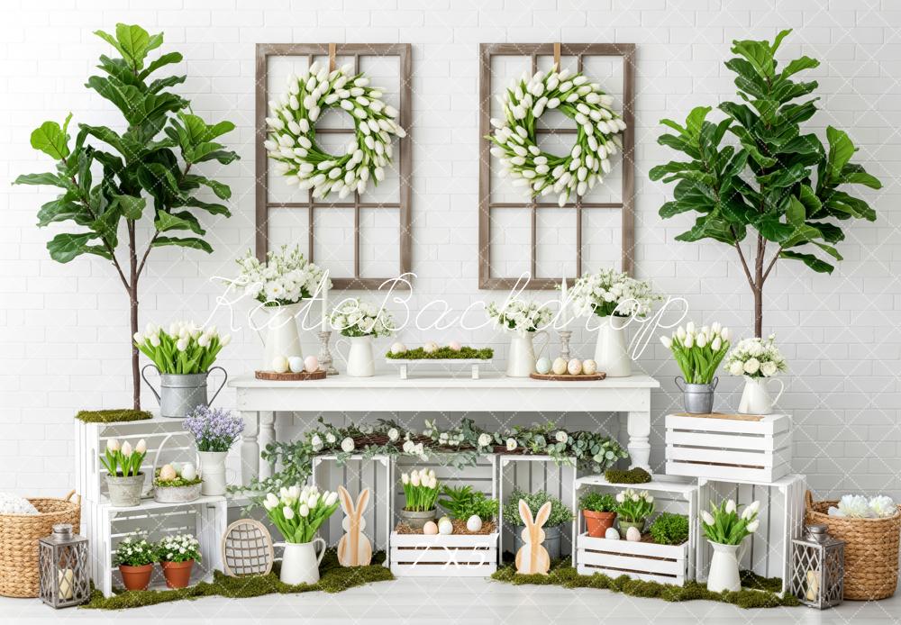 Kate Easter Bunny Tulips Greenery White Crates Backdrop Designed by Patty Robert