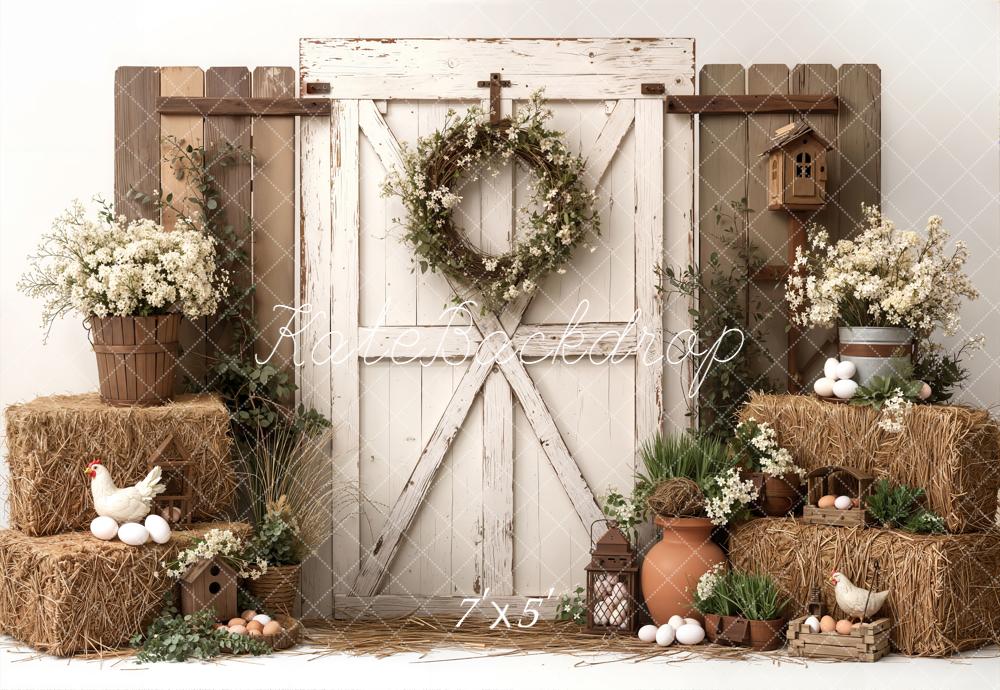 Kate Easter Farmhouse Bales Eggs Barn Door Backdrop Designed by Emetselch