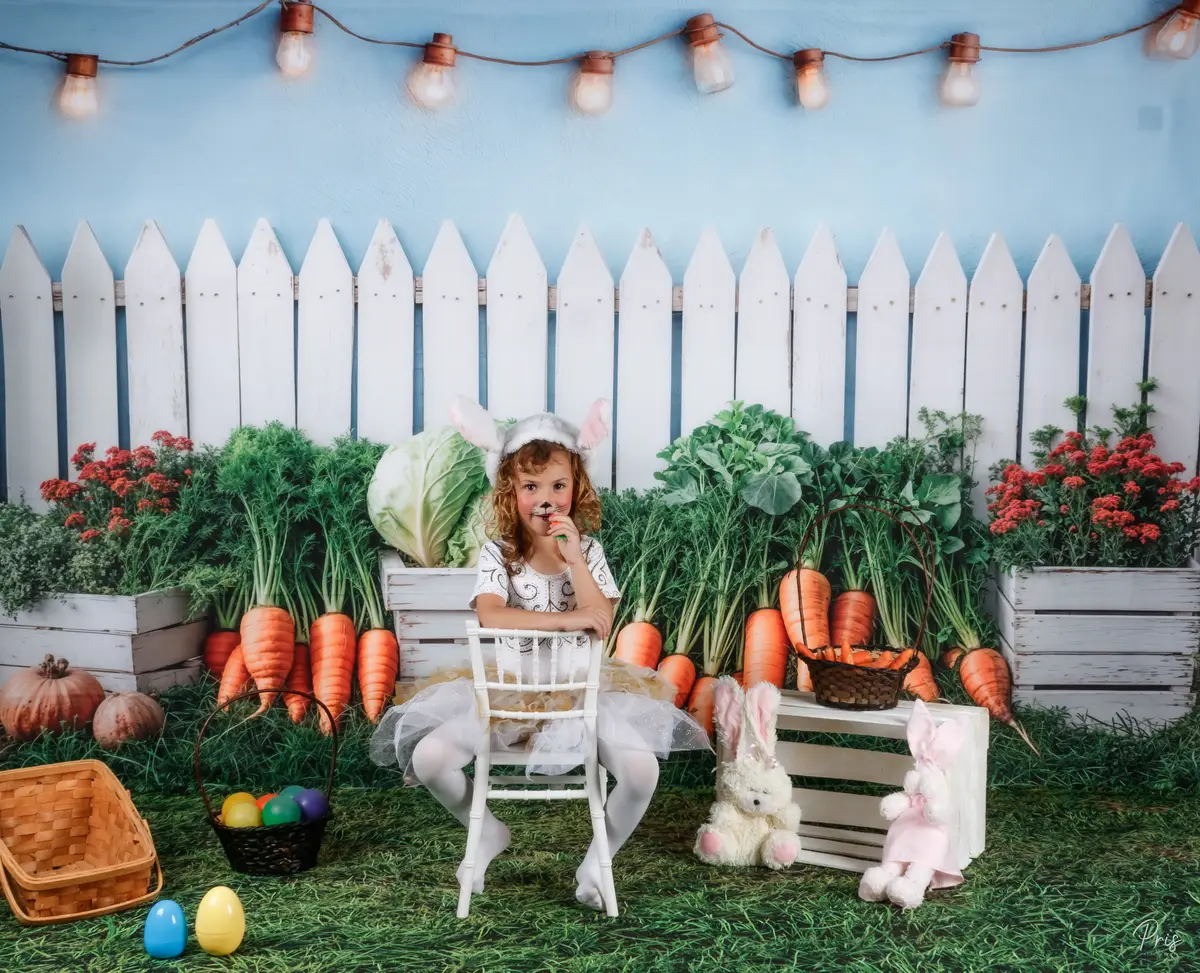 Kate Easter Fence Garden Vegetables Backdrop+Green Grass Lawn Floor Backdrop
