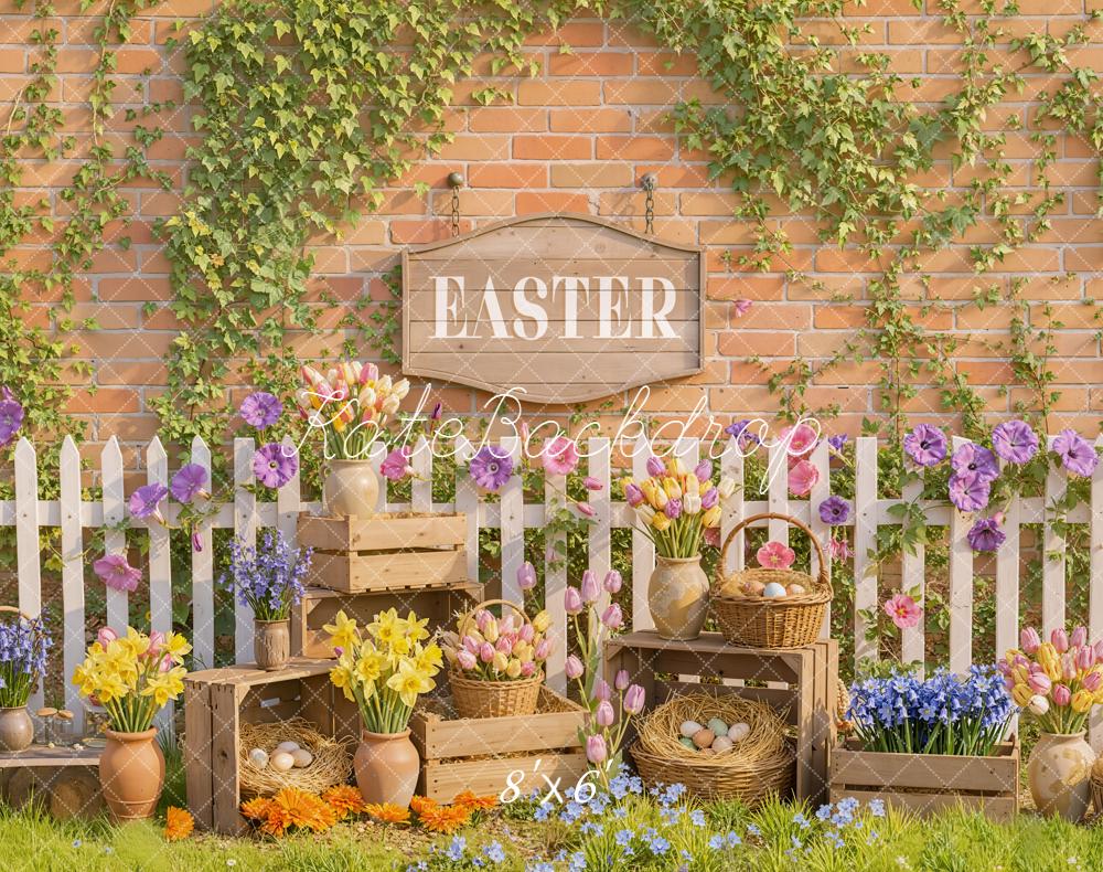 Kate Easter Floral Eggs Picket Fence Fleece Backdrop Designed by Emetselch