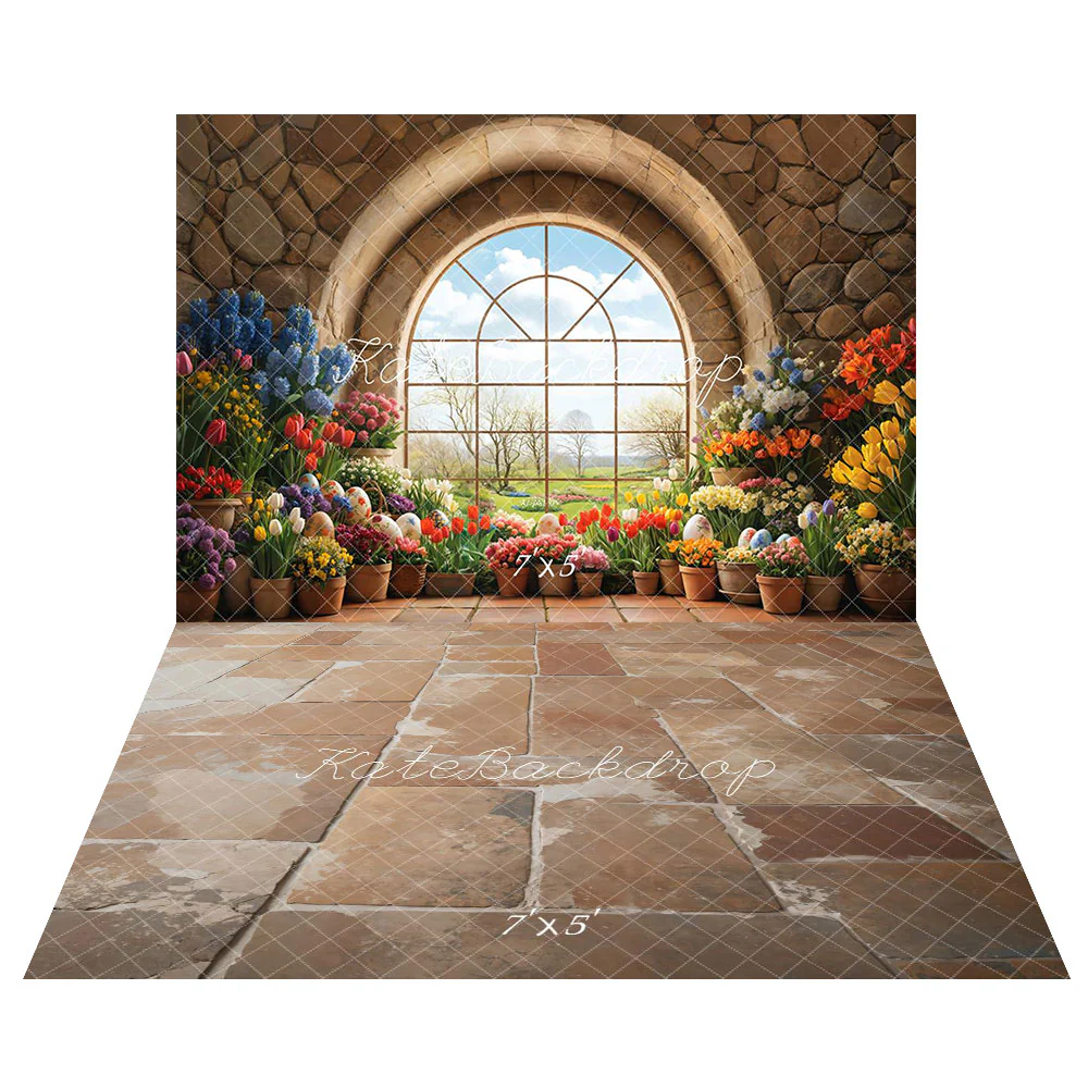 Kate Easter Garden Window Floral Backdrop+Vintage Cobblestone Floor Backdrop