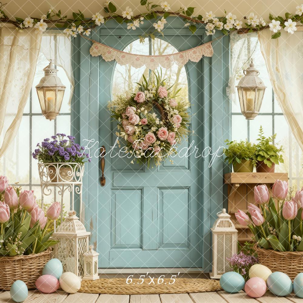 Kate Easter Pastel Eggs Tulips Blue Door Backdrop Designed by Emetselch - Image 2