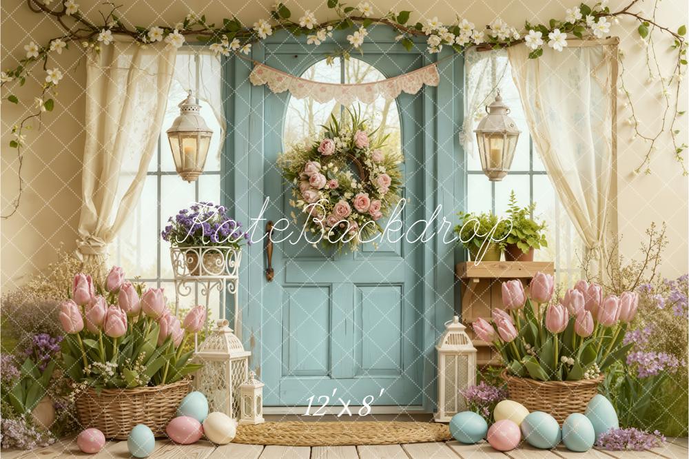 Kate Easter Pastel Eggs Tulips Blue Door Backdrop Designed by Emetselch - Image 8