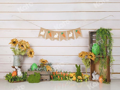 Kate Easter/Spring Sunflowers Carrots Rabbit Wood Wall Backdrop Designed by Jia Chan Photography - Image 2