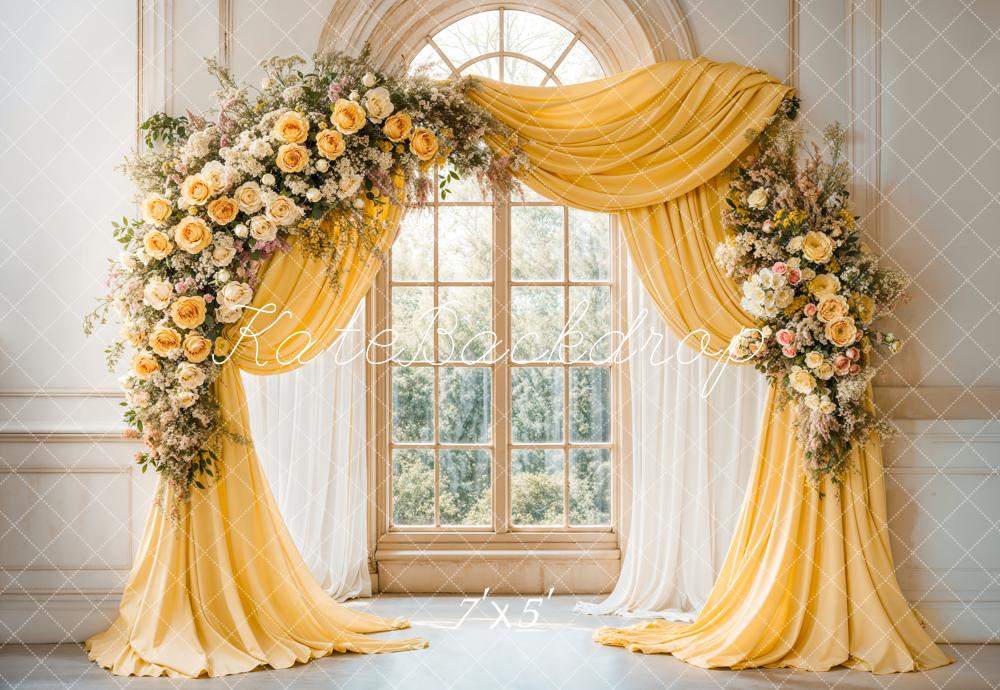 Kate Elegant Flower Yellow Drapes Window Backdrop Designed by Emetselch