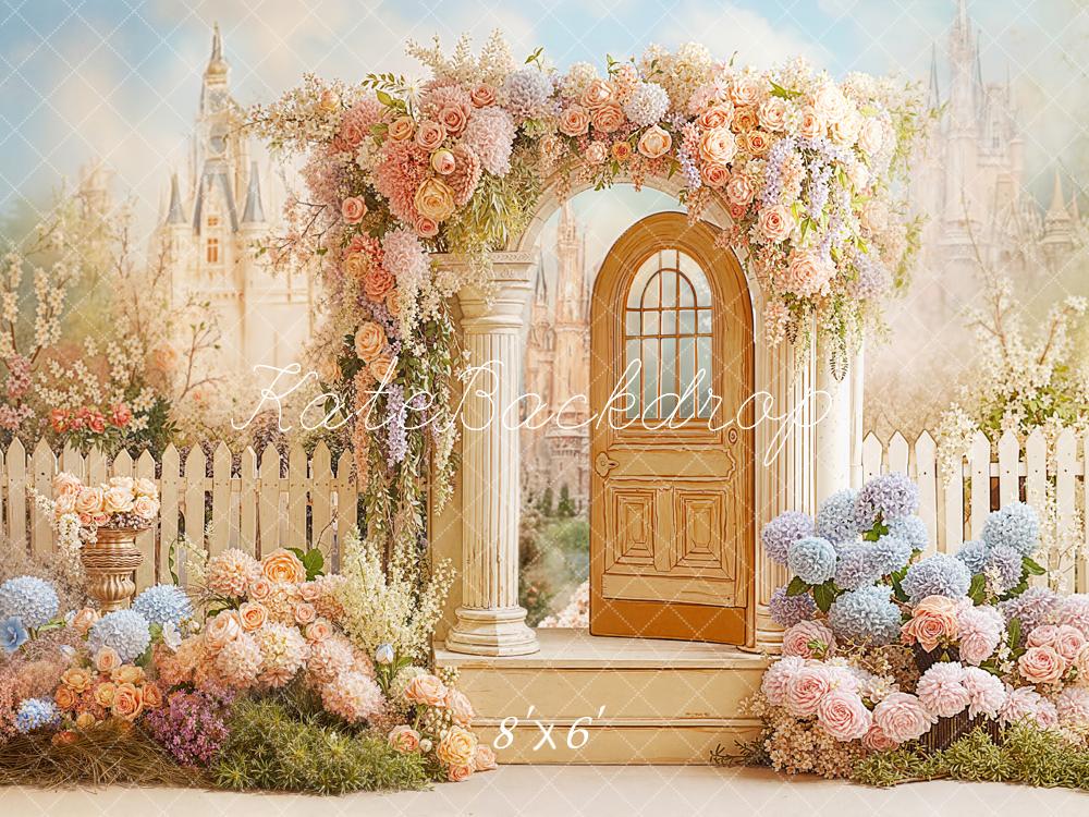 Kate Fairy Castle Floral Arch Fleece Backdrop Designed by Chain Photography