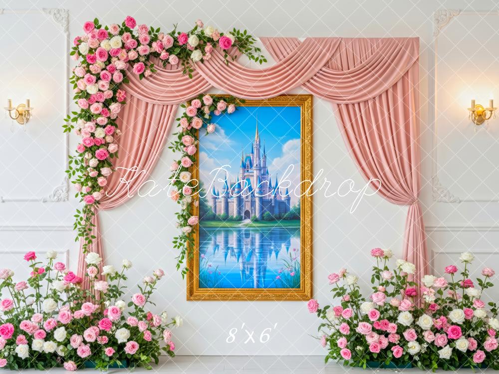 Kate Fairy Castle Pink Curtain Floral Fleece Backdrop Designed by Patty Robert