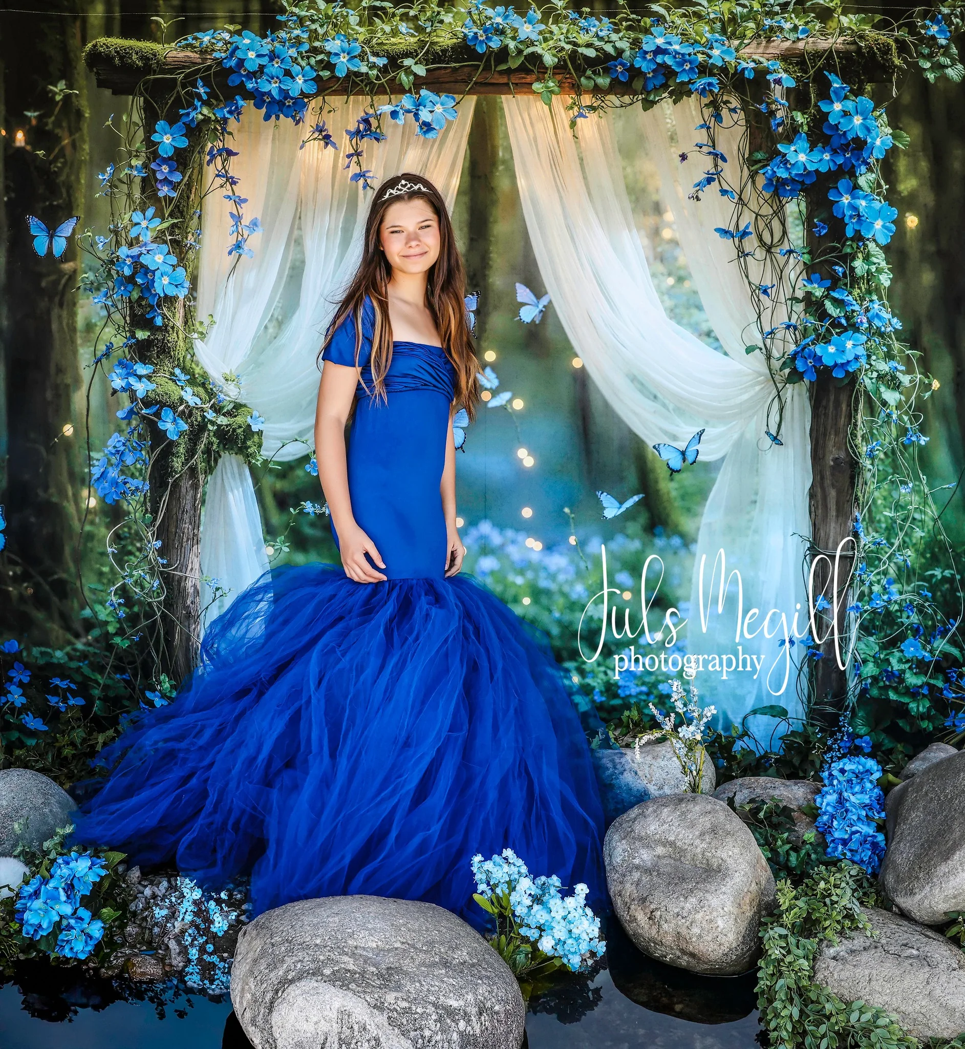 Kate Fairy Forest Blue Flower Butterflies Backdrop Designed by Emetselch