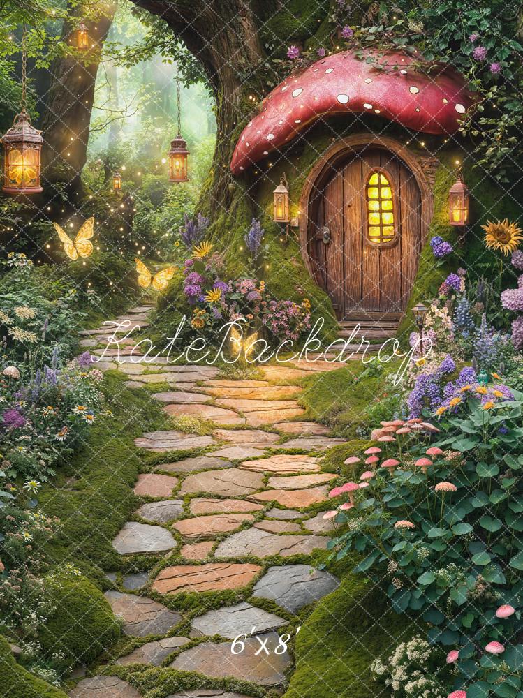 Kate Fairy Fantasy Mushroom House Stone Path Fleece Backdrop Designed by Chain Photography