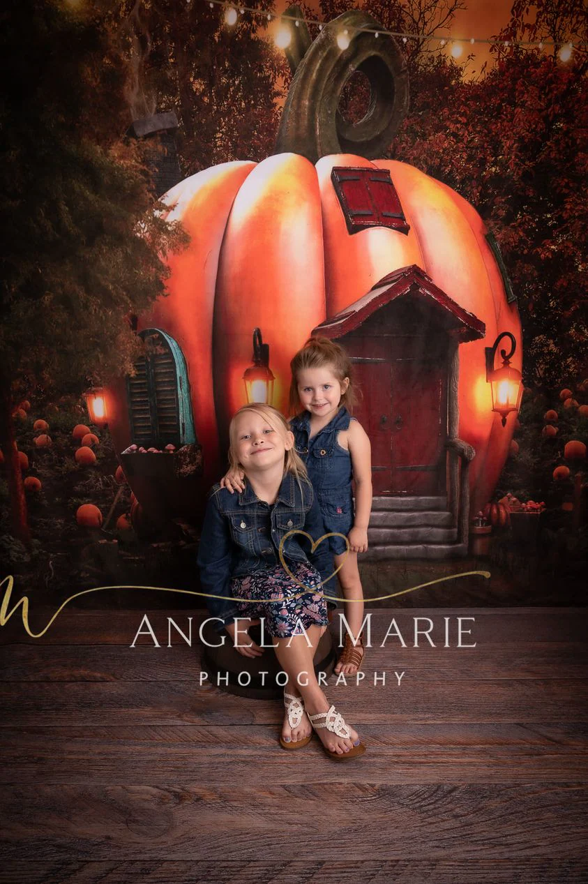 Kate Fall Pumpkin House Backdrop+ Dark Wood Barn Rubber Floor Mat