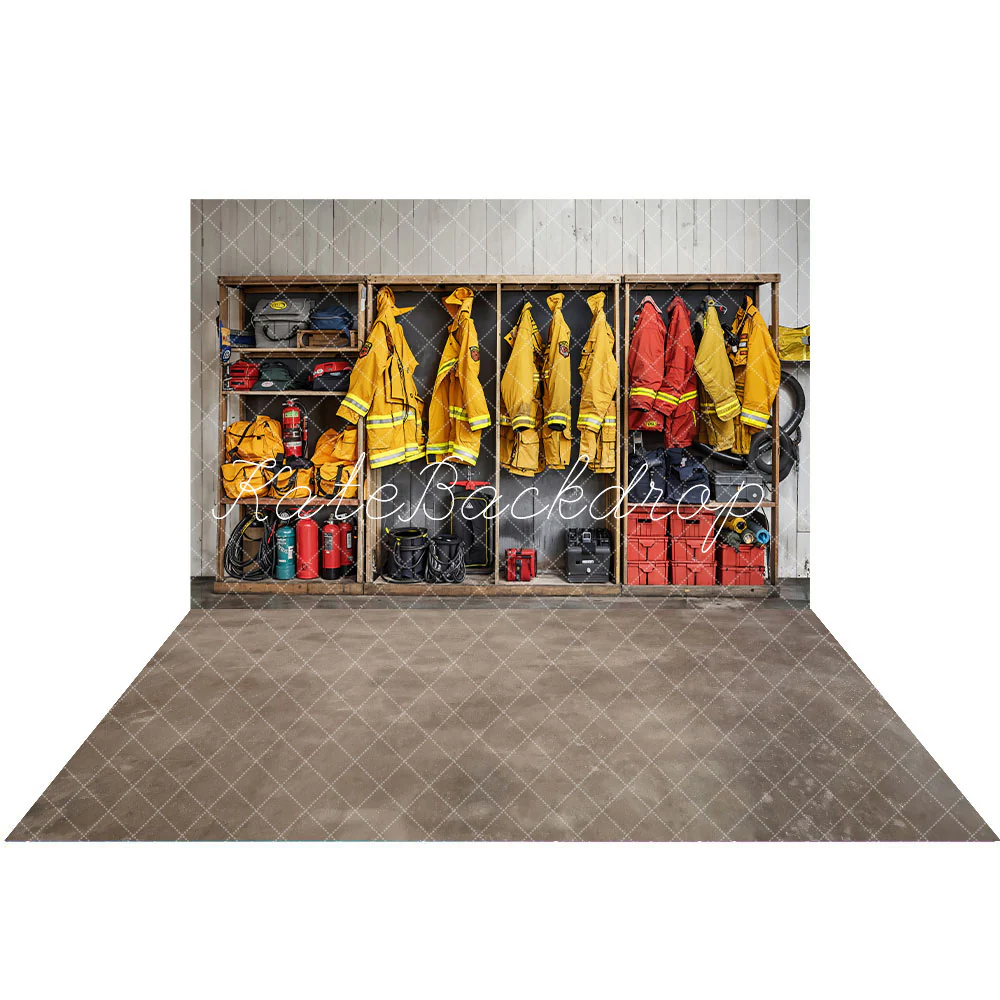 Kate Fire Fighting Lounge Closet Tool Wood Wall Backdrop+Dark Grey Floor Backdrop