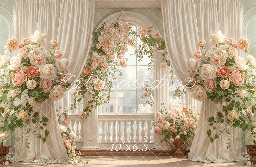 Kate Floral Arch Cream Curtains Balcony Fleece Backdrop Designed by Emetselch - Image 2