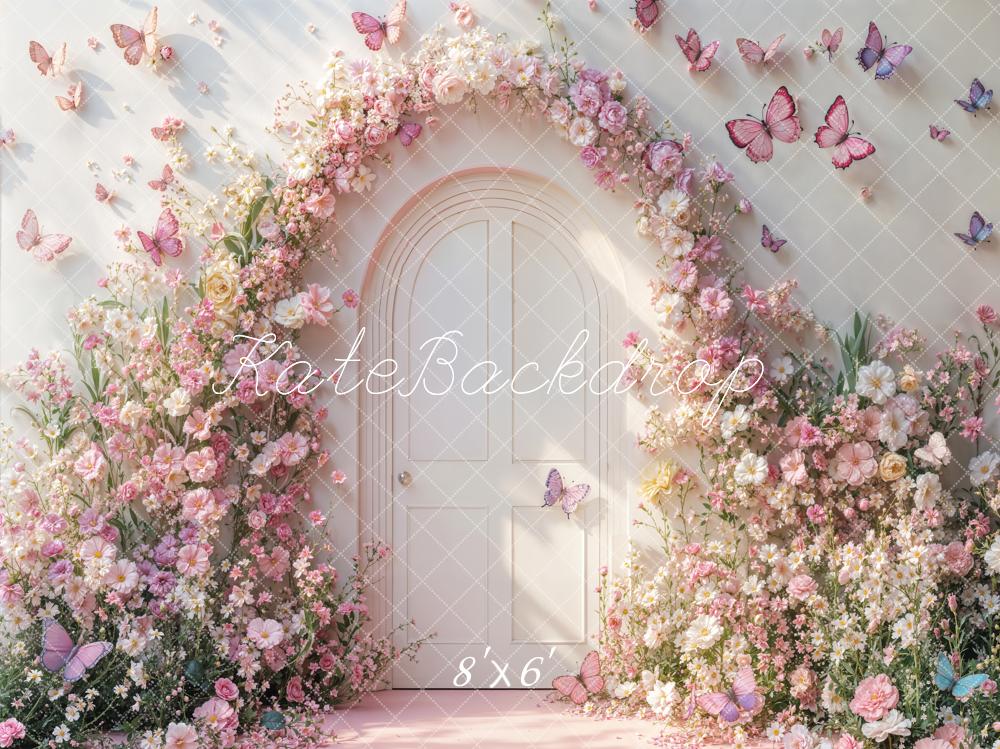 Kate Floral Arch Door Pink Butterflies Fleece Backdrop Designed by Emetselch