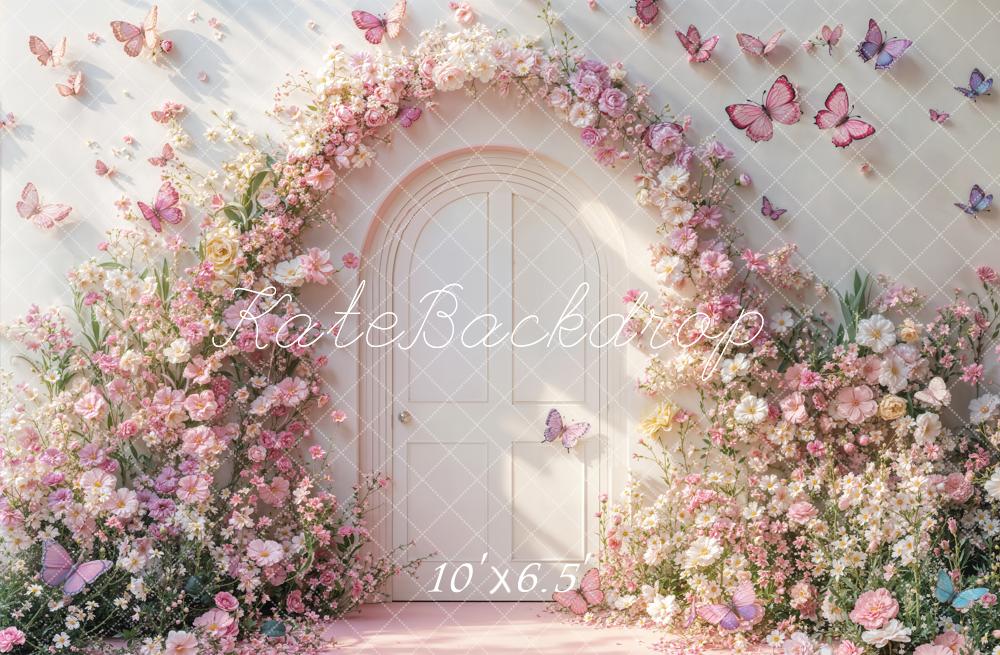 Kate Floral Arch Door Pink Butterflies Fleece Backdrop Designed by Emetselch - Image 2
