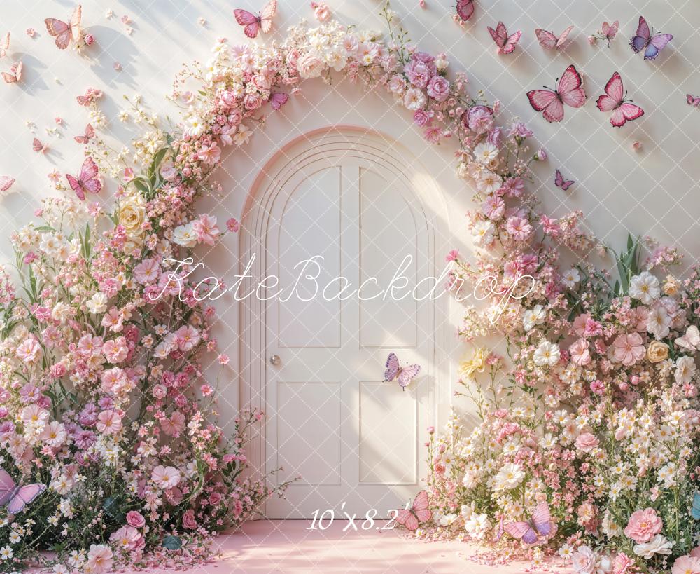 Kate Floral Arch Door Pink Butterflies Fleece Backdrop Designed by Emetselch - Image 3