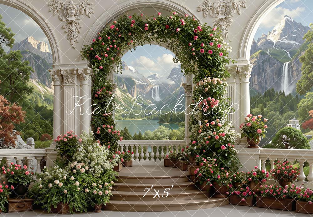 Kate Floral Arch Mountain Columns Backdrop Designed by Mini MakeBelieve