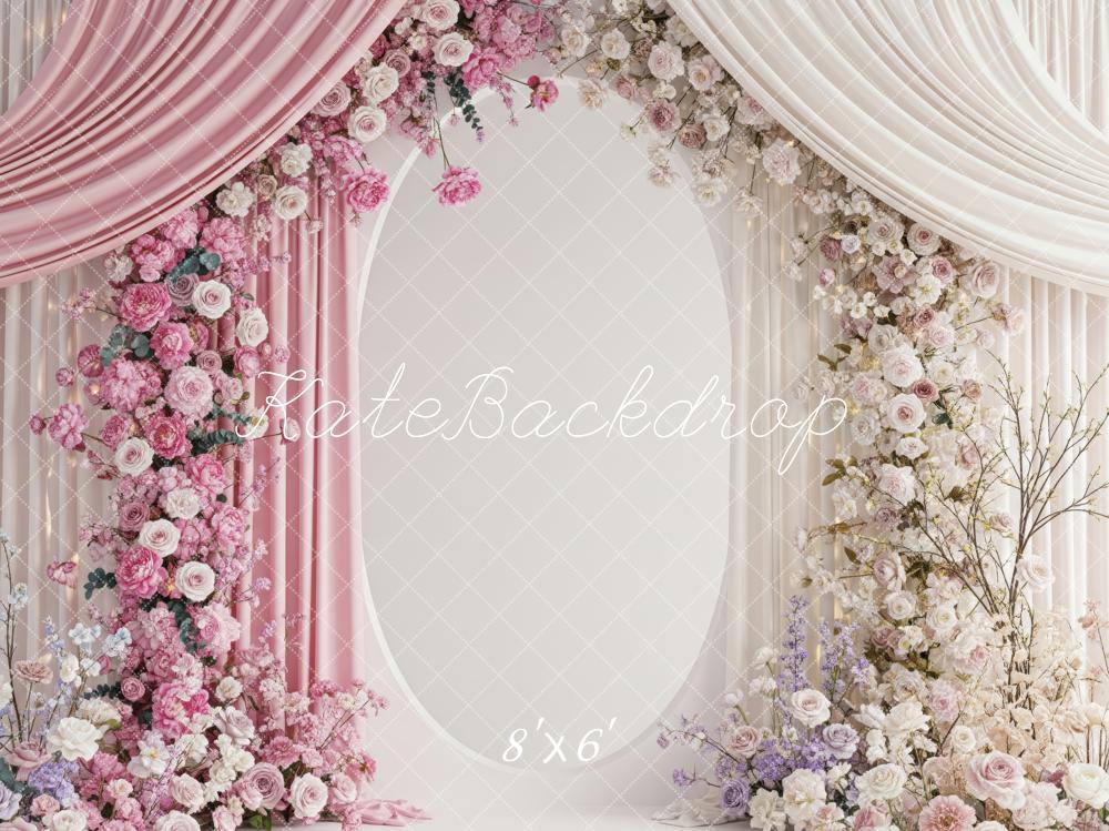 Kate Floral Arch Pink White Drapes Fleece Backdrop Designed by Patty Robert