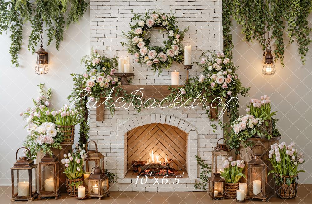 Kate Floral Fireplace Lanterns Candles Fleece Backdrop Designed by Emetselch - Image 2