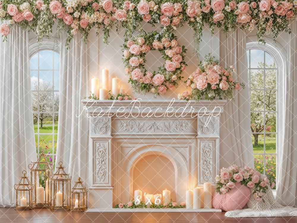 Kate Floral Fireplace Pink Roses Candles Fleece Backdrop Designed by Emstselch