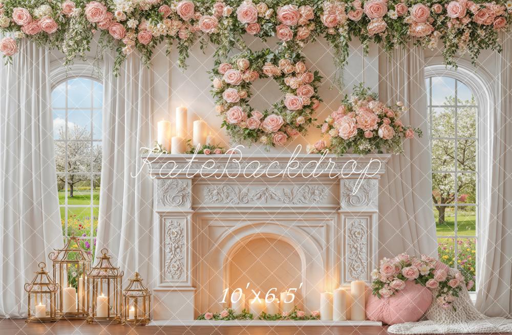 Kate Floral Fireplace Pink Roses Candles Fleece Backdrop Designed by Emstselch - Image 2