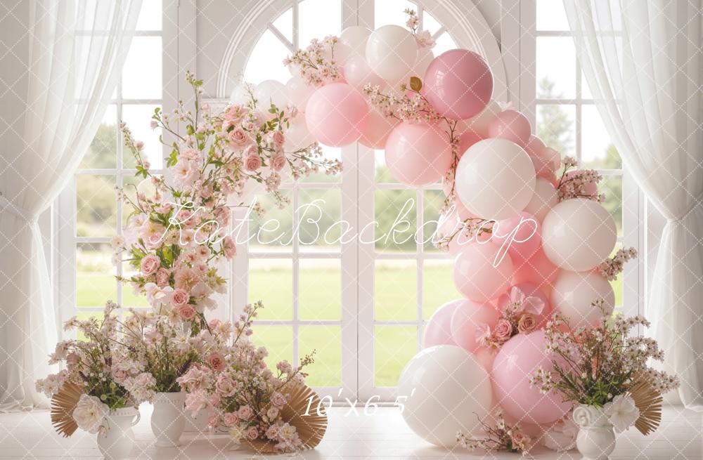 Kate Floral Pink Balloons Arch Fleece Backdrop Designed by Emetselch - Image 2