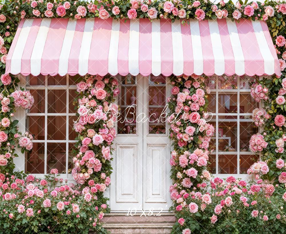 Kate Floral Pink Striped Awning Roses Fleece Backdrop Designed by Emetselch - Image 3