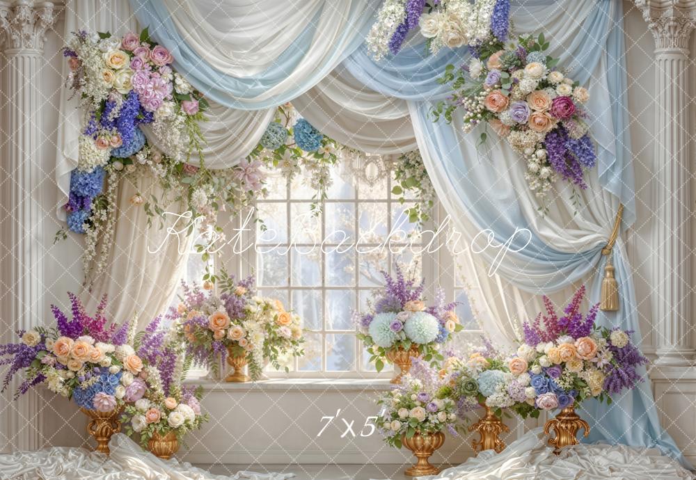 Kate Floral Window Blue Drapes Backdrop Designed by Emetselch