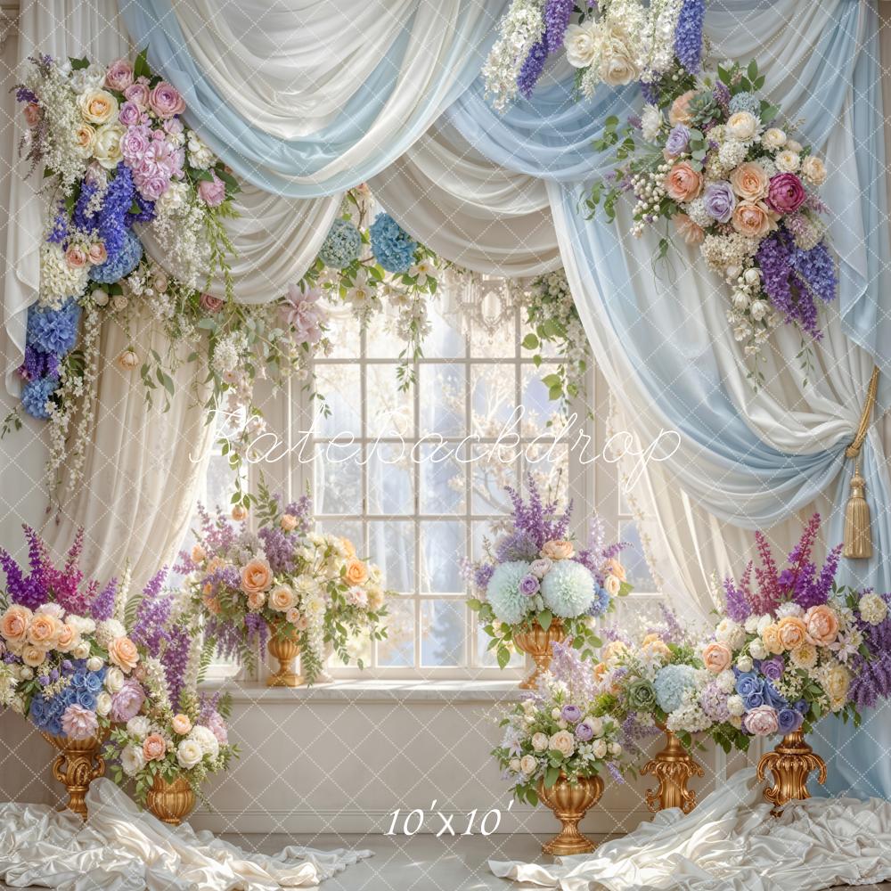 Kate Floral Window Blue Drapes Backdrop Designed by Emetselch - Image 7